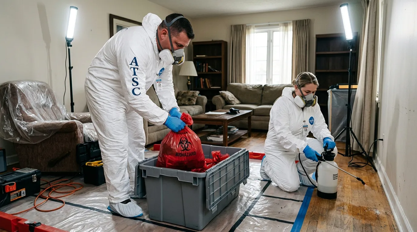Professional Hoarding Cleanup technician in full PPE working in Collinsville